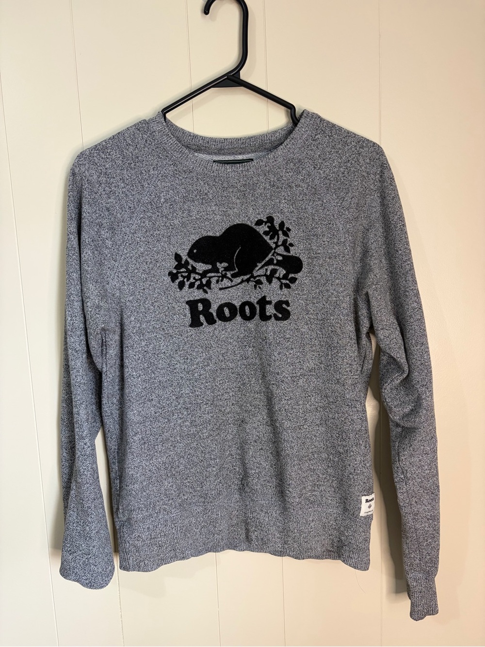 Roots Women's Heather Grey Crewneck Sweater with Black Logo